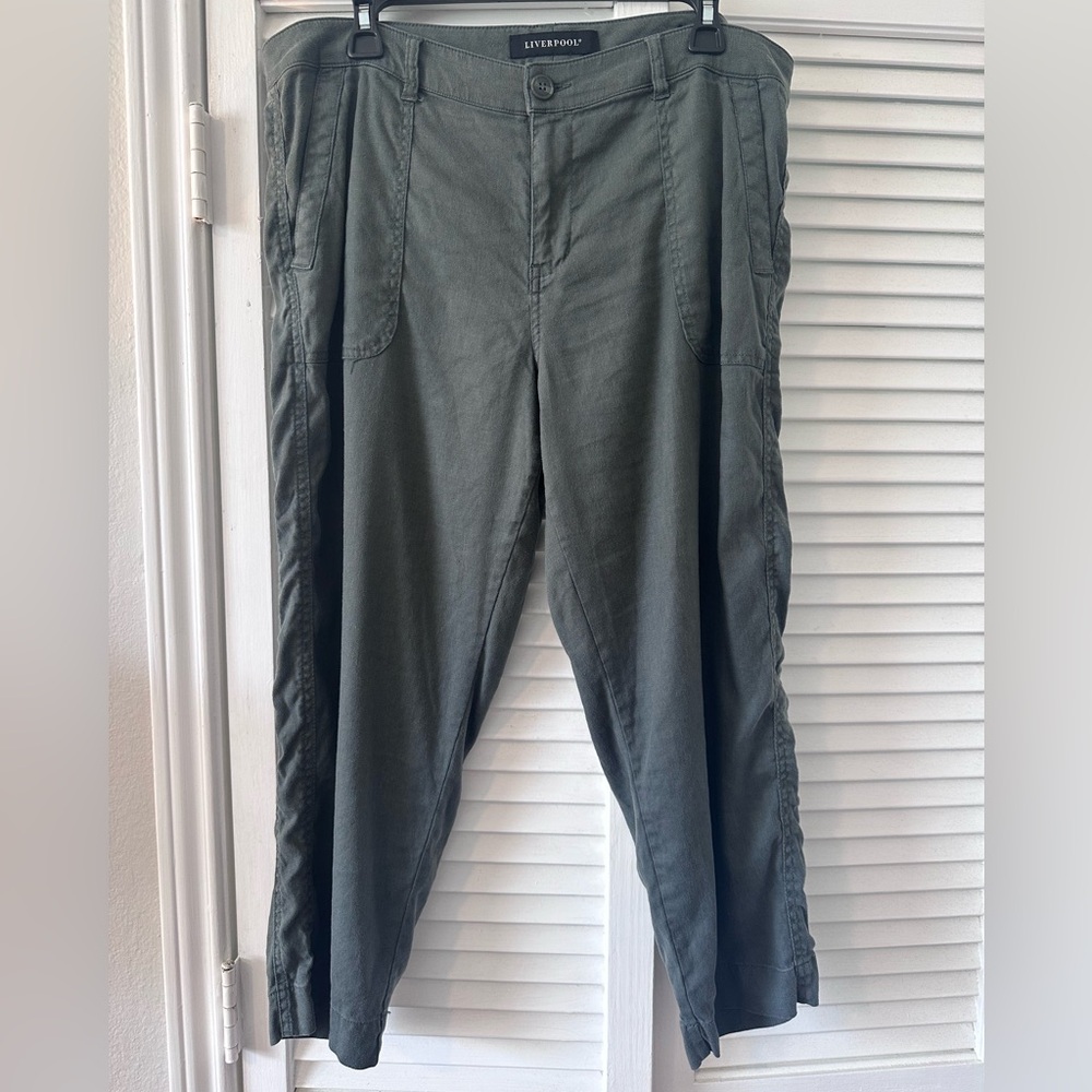 Liverpool Womens 14/32 Pants Emma Stretch Linen Blend Fennel Green Straight Leg
